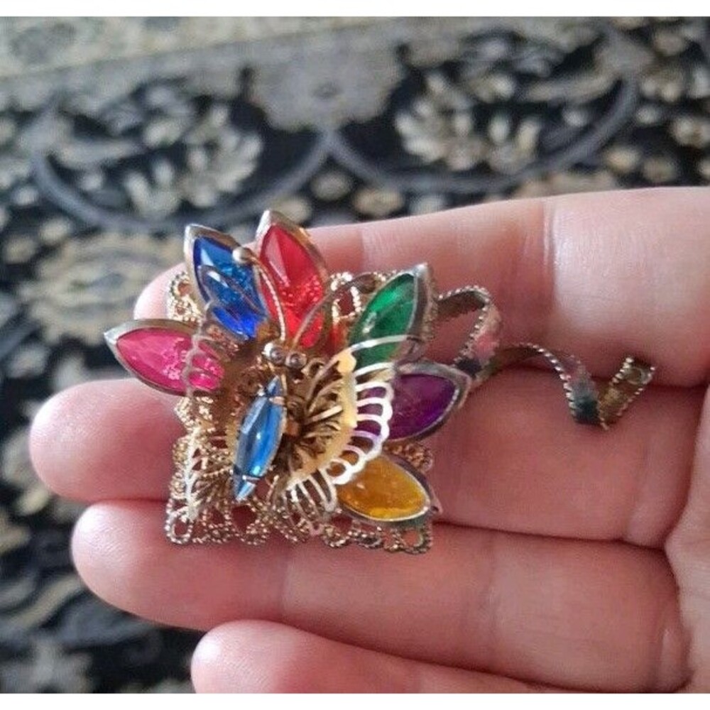 STUNNING VINTAGE Multicolor Butterfly Rhinestone Brooch 2.25" Prong Set Goldtone